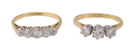 A diamond five stone ring and a diamond three stone ring