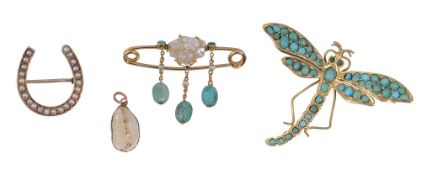 A turquoise and pearl bar brooch by Murrle Bennett