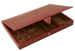 Smythson of Bond Street. A red crocodile embossed leather jewellery box