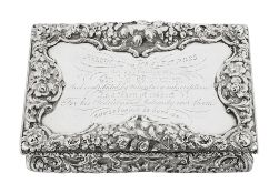 An early Victorian silver presentation table snuff box