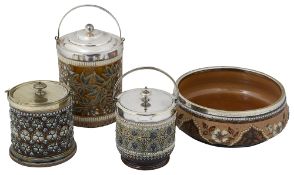 Three Doulton Lambeth stoneware biscuit barrels and a salad bowl (4)