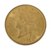 An American 1904 $20 dollar double eagle Liberty head gold coin