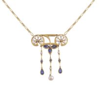 A French Art Nouveau sapphire, seed pearl and yellow gold pendant
