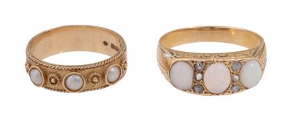 A French opal and diamond set gypsy ring