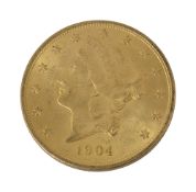 An American 1904 $20 dollar double eagle Liberty head gold coin