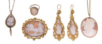 A collection of 19th century shell cameo jewellery