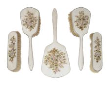 A George VI Art Deco silver and painted enamel five piece dressing table set