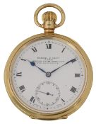 An 18ct gold open faced keyless pocket watch