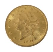 An American 1904 $20 dollar double eagle Liberty head gold coin