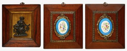 A mid 19th century bronze relief of Flora and a pair of Sevres style plaques