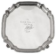 An Elizabeth II silver presentation card tray in Georgian style