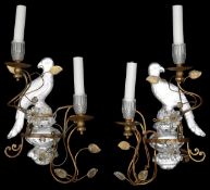 A pair of French two light crystal and gilt metal 'Parrot' wall appliques