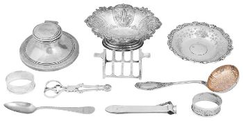 A George V silver capstan inkwell, two bonbon dishes and other items