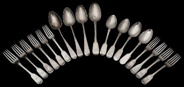 Matched William IV/early Victorian silver fiddle pattern flatware