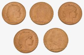 France. Third Republic, Five gold 20 Francs, 1913 x 4, 1914 x 1, (5)