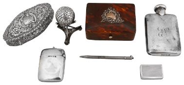 An Edwardian small silver hip flask and other silver
