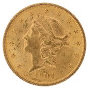 An American 1904 $20 dollar double eagle Liberty gold coin