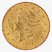 An American 1904 $20 dollar double eagle Liberty gold coin