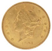 An American 1904 $20 dollar double eagle Liberty gold coin