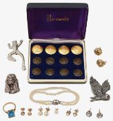 Group earrings, 9ct spinel ring