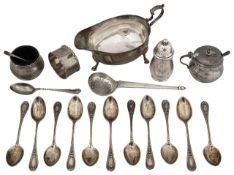 A collection of silver to include a George V three piece cruet set