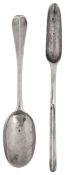 A George I silver Hanoverian pattern tablespoon and a marrow scoop