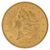 An American 1904 $20 dollar double eagle Liberty gold coin