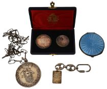 A George V silver and blue guilloche enamel powder compact and other silver items