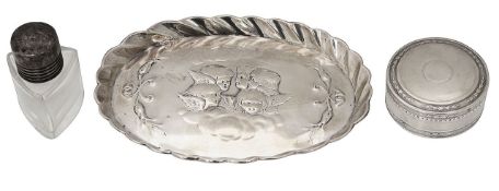 A late Victorian silver pin dish, a French circular box and a scent bottle