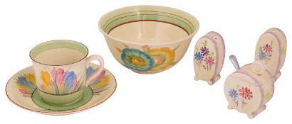 A Clarice Cliff three piece Aura Daisy Bizarre pottery cruet set, other items