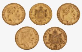 France. Napoleon III, Five gold 20 Francs, 1862, 1863, 1864 x 3, (5)