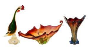 Mid 20th century Italian Murano Art glass large sommerso centrepiece bowl, vase and cockerel sculptu