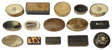 A collection of 19th Century and later century horn snuff boxes