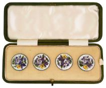An Edwardian cased set of four silver painted guilloche enamel buttons