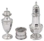 Two silver sugar casters and an inkwell