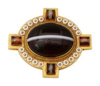 A early / mid Victorian agate, enamel and yellow gold brooch