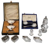 A collection of silver to include a sugar caster, pair of pedestal salts etc.