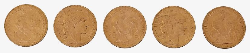 France. 3rd Republic, Five gold 20 Francs, 1912, (5)