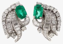 A pair of 14K emerald & diamond earrings