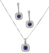 A sapphire and diamond pendant and earrings