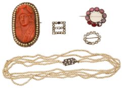 A coral cameo brooch and accessories