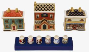 Three Royal Crown Derby novelty building paperweights + Thimbles