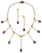 A amethyst and cultured pearl demi-parure