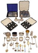 A collection of silver cruet items, cased sets of spoons, etc
