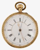 A late Victorian 18ct gold open faced keyless chronograph pocket watch