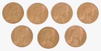 France. 3rd Republic, Seven gold 20 Francs, 1906 x3, 1907 x3, 1908, (5)