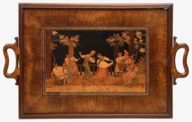 A Sorrento ware olivewood and marquetry double sided tray / chess board c.1900