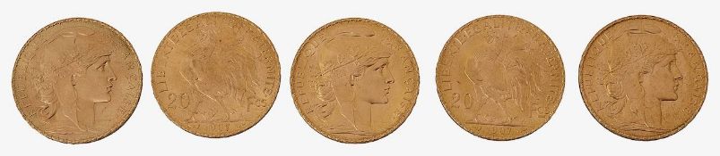 France. 3rd Republic, Five gold 20 Francs, 1907, (5)