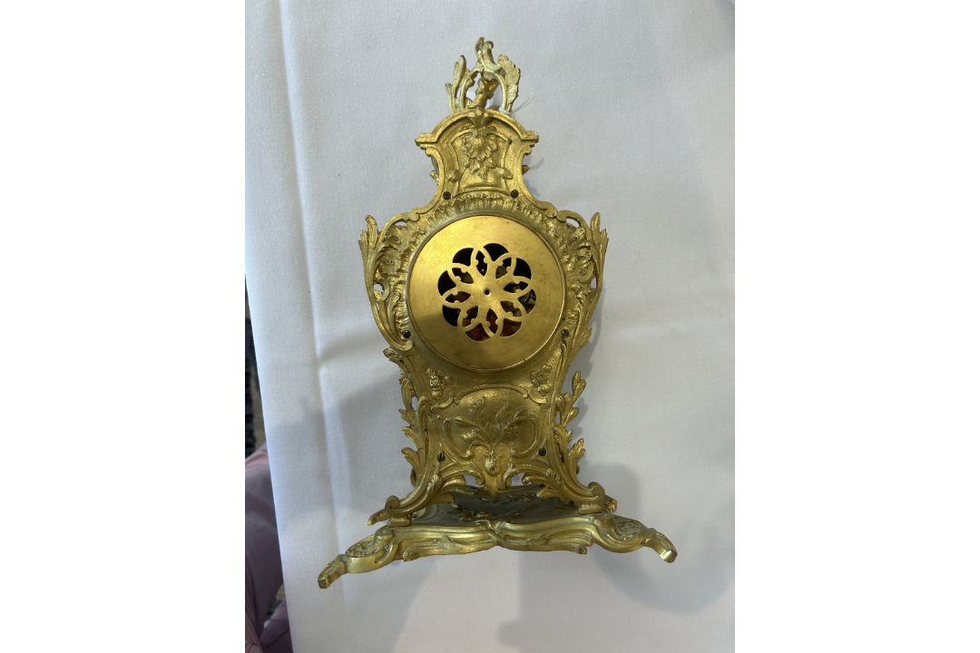 A late 19th century French Louis XV Rococo style gilt bronze clock garniture - Image 3 of 5