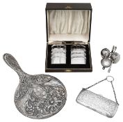 A late Victorian silver cruet, a cased pair of toast racks and other silver